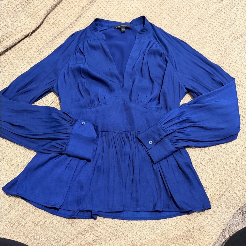 Banana Republic Royal Blue V-Neck Long Sleeve Peplum Blouse
